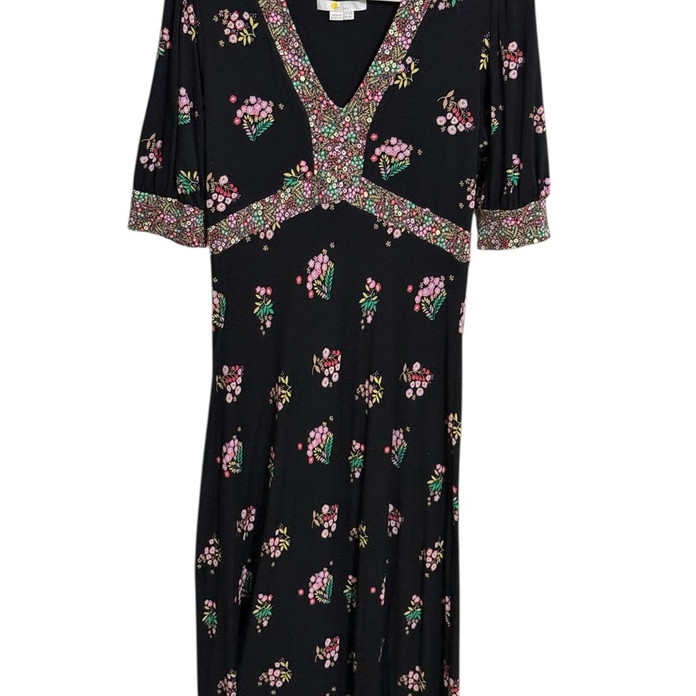 B14 Boden Black and Pink Midi Dress with V-Neck and Cuffed Sleeves